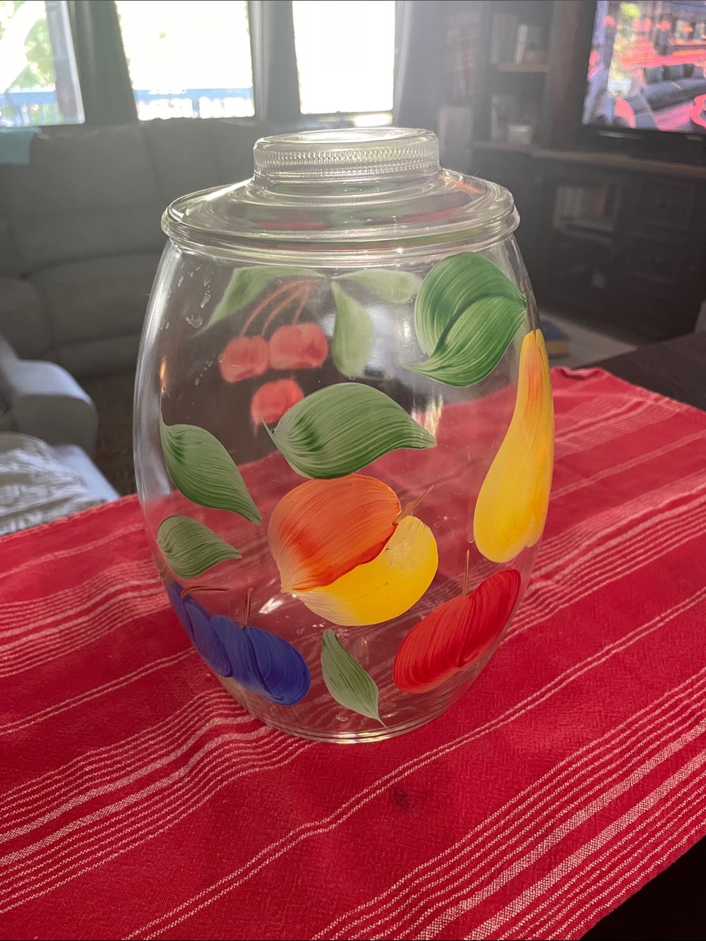 Bartlett Collin’s Hand-Painted Glass Canister W/Lid with Fruit Motif -